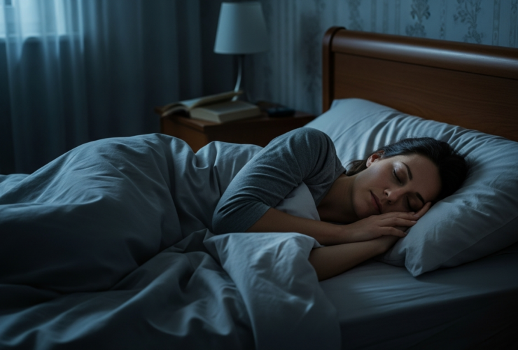 Serene photograph of a woman sleeping peacefully in a softly lit bedroom at night, cool calming tones