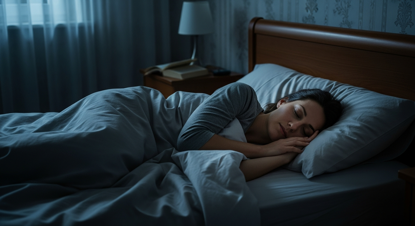 Serene photograph of a woman sleeping peacefully in a softly lit bedroom at night, cool calming tones
