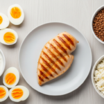 Bright flat lay of high-protein foods for women, grilled chicken breast, eggs, greek yogurt, lentils, cottage cheese, on a light table, clean