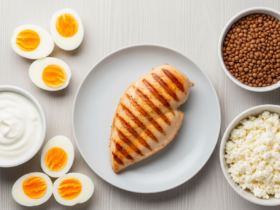 Bright flat lay of high-protein foods for women, grilled chicken breast, eggs, greek yogurt, lentils, cottage cheese, on a light table, clean