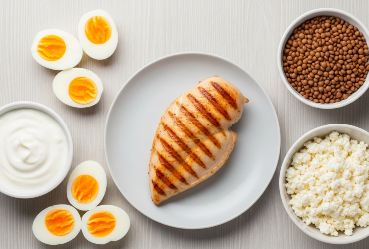 Bright flat lay of high-protein foods for women, grilled chicken breast, eggs, greek yogurt, lentils, cottage cheese, on a light table, clean