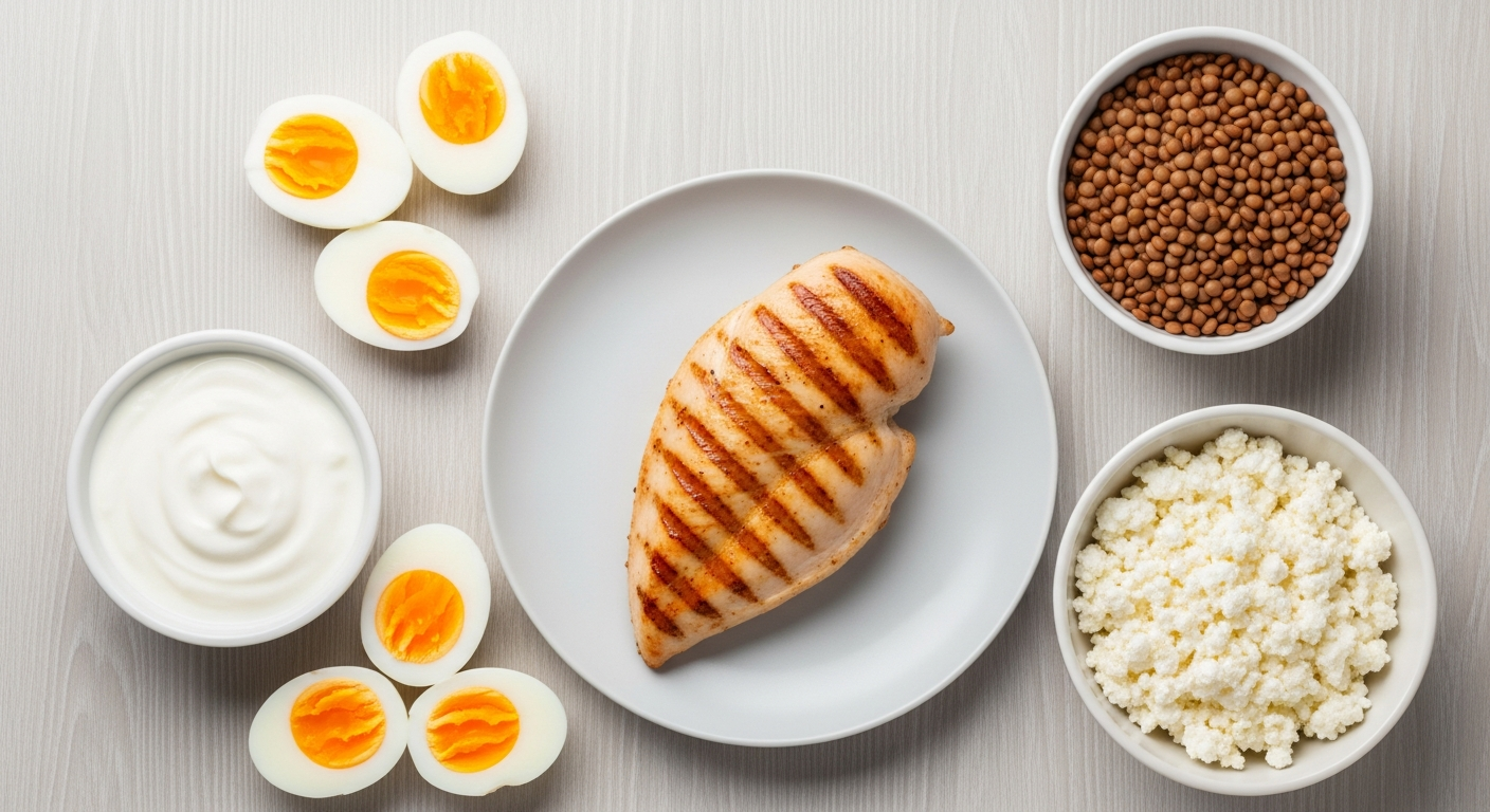 Bright flat lay of high-protein foods for women, grilled chicken breast, eggs, greek yogurt, lentils, cottage cheese, on a light table, clean