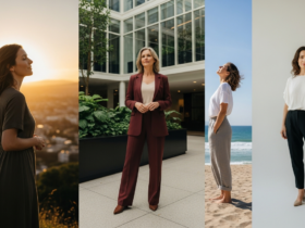 Photograph of a confident woman standing tall with good posture in natural light, calm empowered expression