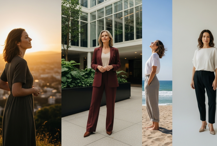 Photograph of a confident woman standing tall with good posture in natural light, calm empowered expression