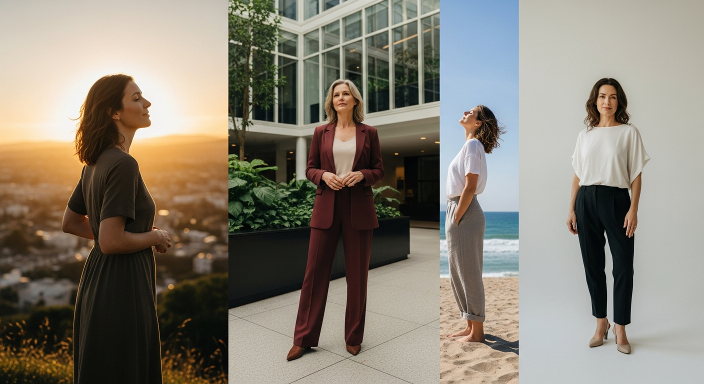 Photograph of a confident woman standing tall with good posture in natural light, calm empowered expression