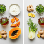 Bright flat lay of gut-friendly foods that reduce bloating, ginger, peppermint tea, papaya, fennel, yogurt, on a light table