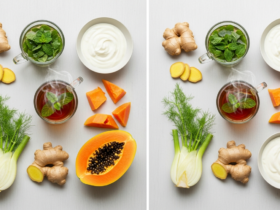 Bright flat lay of gut-friendly foods that reduce bloating, ginger, peppermint tea, papaya, fennel, yogurt, on a light table