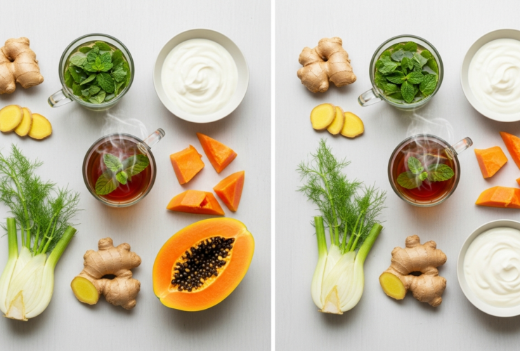 Bright flat lay of gut-friendly foods that reduce bloating, ginger, peppermint tea, papaya, fennel, yogurt, on a light table