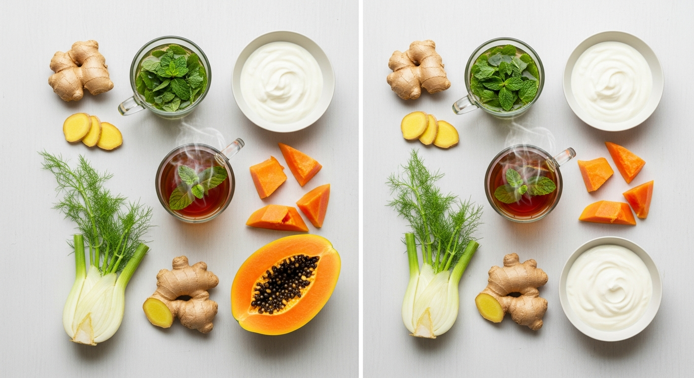 Bright flat lay of gut-friendly foods that reduce bloating, ginger, peppermint tea, papaya, fennel, yogurt, on a light table