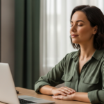 Warm lifestyle photograph of a working mother taking a calm breathing break at a home office desk, laptop closed, soft daylight