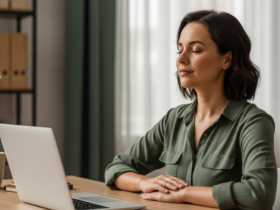 Warm lifestyle photograph of a working mother taking a calm breathing break at a home office desk, laptop closed, soft daylight, realistic, no text, no watermark