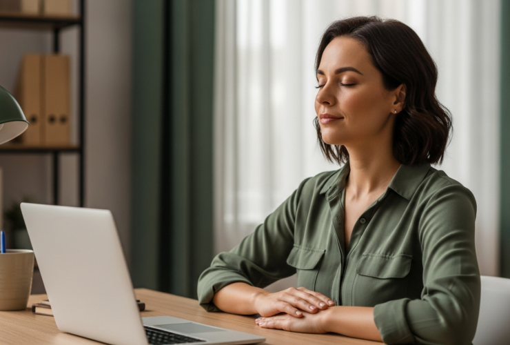 Warm lifestyle photograph of a working mother taking a calm breathing break at a home office desk, laptop closed, soft daylight