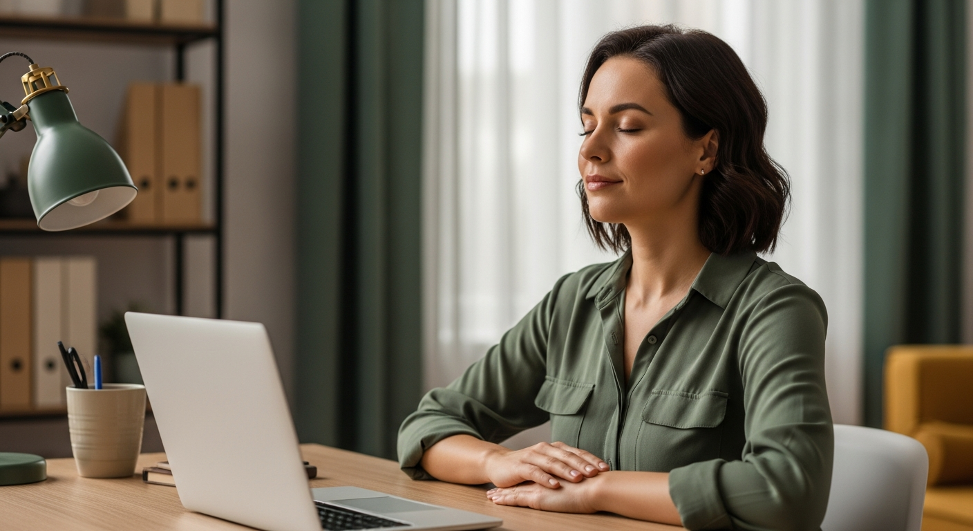 Warm lifestyle photograph of a working mother taking a calm breathing break at a home office desk, laptop closed, soft daylight