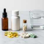 Clean flat lay of wellness supplement bottles and capsules organized neatly on a light marble surface beside a glass of water, minimalist