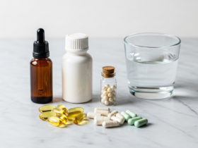 Clean flat lay of wellness supplement bottles and capsules organized neatly on a light marble surface beside a glass of water, minimalist