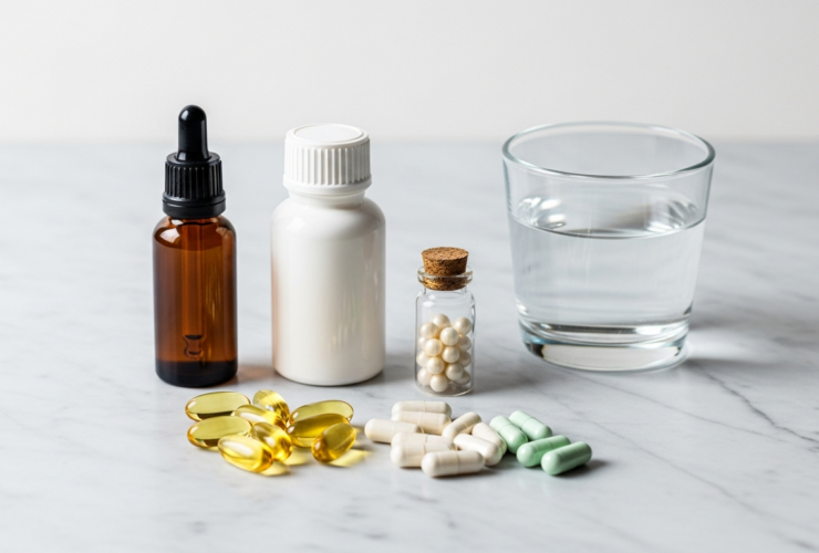 Clean flat lay of wellness supplement bottles and capsules organized neatly on a light marble surface beside a glass of water, minimalist