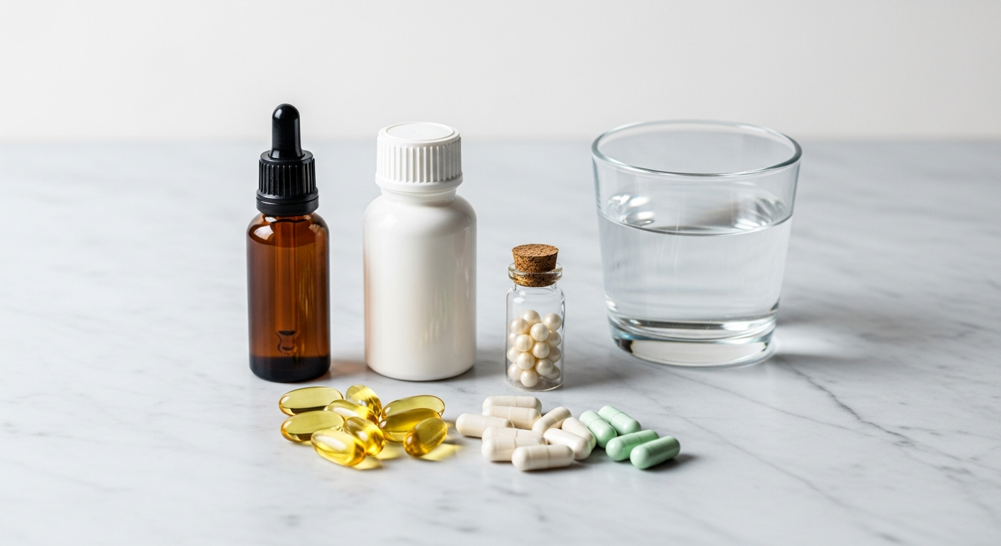 Clean flat lay of wellness supplement bottles and capsules organized neatly on a light marble surface beside a glass of water, minimalist