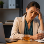 Photograph of a tired but composed professional woman at a desk taking a mindful pause, hand on forehead, soft office light
