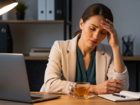 Photograph of a tired but composed professional woman at a desk taking a mindful pause, hand on forehead, soft office light, realistic workplace wellness photograph, no text, no watermark