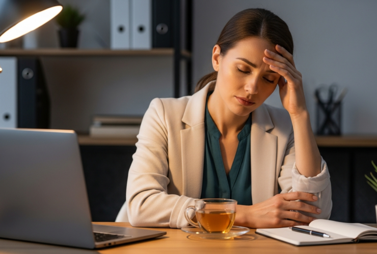 Photograph of a tired but composed professional woman at a desk taking a mindful pause, hand on forehead, soft office light