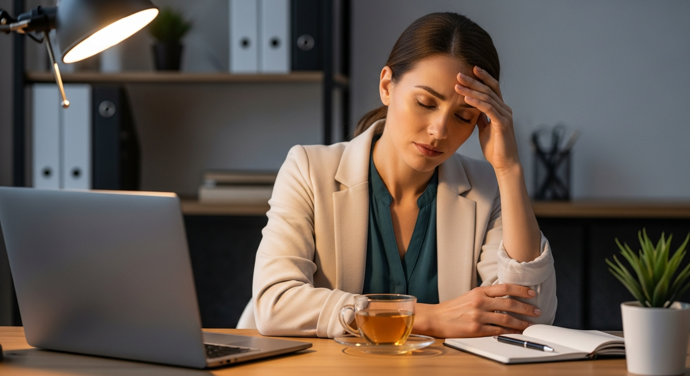 Photograph of a tired but composed professional woman at a desk taking a mindful pause, hand on forehead, soft office light