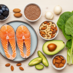 Bright wholesome flat lay of hormone-supportive whole foods, salmon, leafy greens, avocado, flaxseed, berries, nuts, on a light wood table, clean