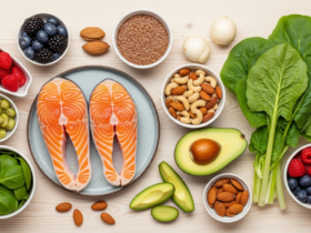 Bright wholesome flat lay of hormone-supportive whole foods, salmon, leafy greens, avocado, flaxseed, berries, nuts, on a light wood table, clean realistic food photography, no text, no watermark
