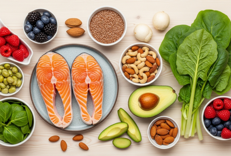 Bright wholesome flat lay of hormone-supportive whole foods, salmon, leafy greens, avocado, flaxseed, berries, nuts, on a light wood table, clean