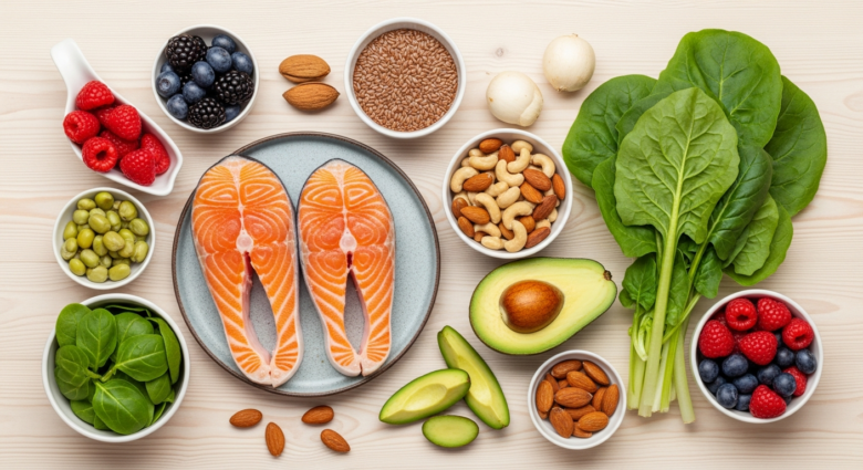 Bright wholesome flat lay of hormone-supportive whole foods, salmon, leafy greens, avocado, flaxseed, berries, nuts, on a light wood table, clean realistic food photography, no text, no watermark