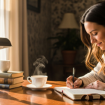 Calm lifestyle photograph of a woman writing in a journal at a cozy desk with a cup of tea, soft morning light, reflective peaceful mood