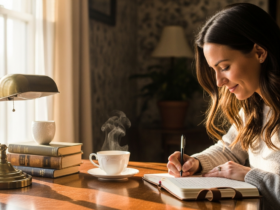 Calm lifestyle photograph of a woman writing in a journal at a cozy desk with a cup of tea, soft morning light, reflective peaceful mood, realistic, no text, no watermark