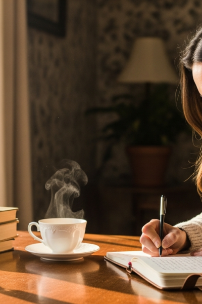 Calm lifestyle photograph of a woman writing in a journal at a cozy desk with a cup of tea, soft morning light, reflective peaceful mood, realistic, no text, no watermark