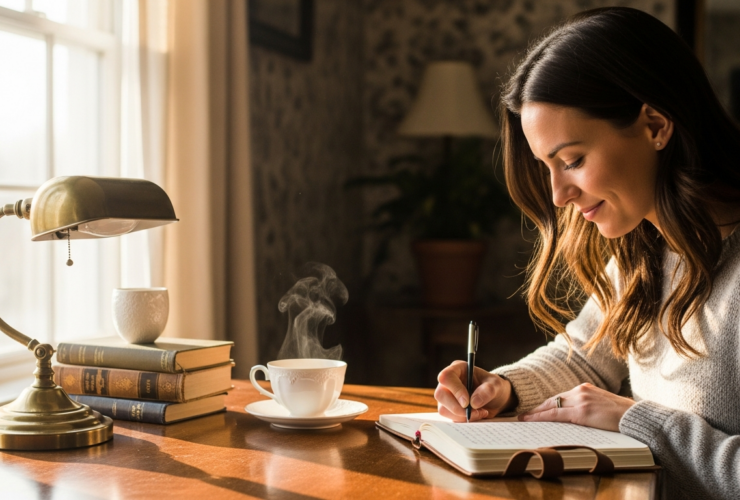 Calm lifestyle photograph of a woman writing in a journal at a cozy desk with a cup of tea, soft morning light, reflective peaceful mood