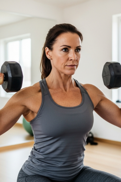 Photograph of a fit woman in her 40s doing a strength training exercise with dumbbells in a bright home gym, confident and strong, realistic fitness photography, no text, no watermark