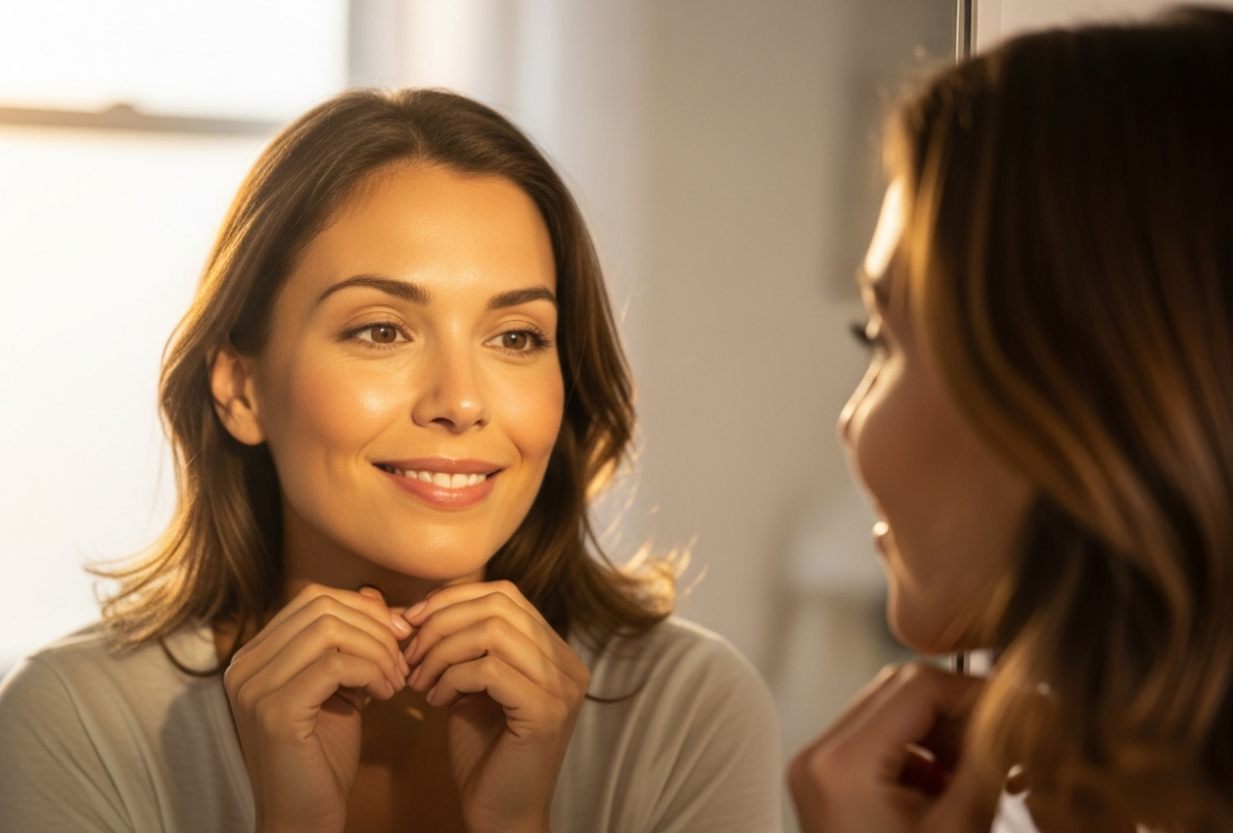 Editorial lifestyle photograph of a confident woman in her 30s looking at her reflection with a calm accepting expression, soft warm natural light, body-positive wellness mood, realistic, no text, no watermark