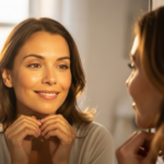 Editorial lifestyle photograph of a confident woman in her 30s looking at her reflection with a calm accepting expression, soft warm natural light, body-positive wellness mood