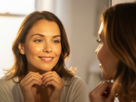 Editorial lifestyle photograph of a confident woman in her 30s looking at her reflection with a calm accepting expression, soft warm natural light, body-positive wellness mood, realistic, no text, no watermark