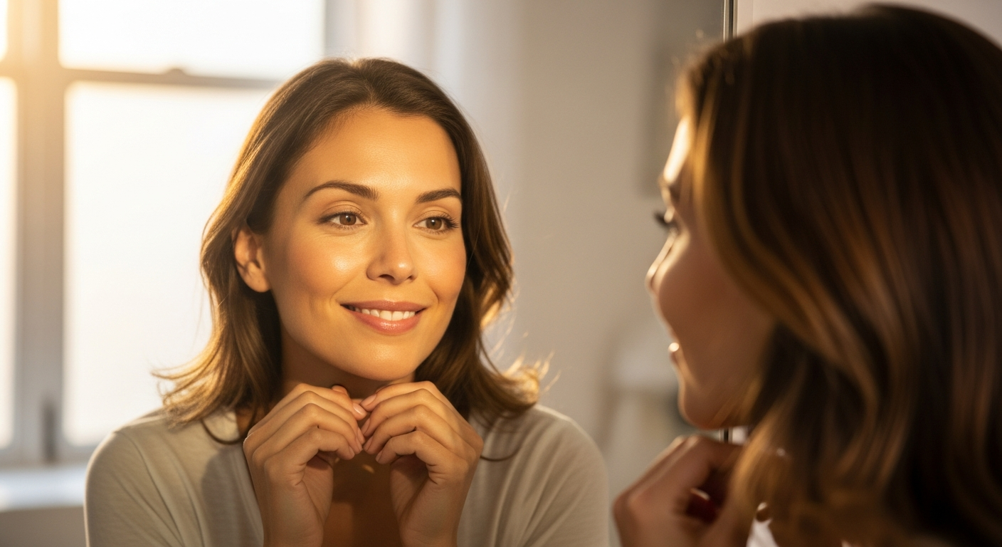 Editorial lifestyle photograph of a confident woman in her 30s looking at her reflection with a calm accepting expression, soft warm natural light, body-positive wellness mood